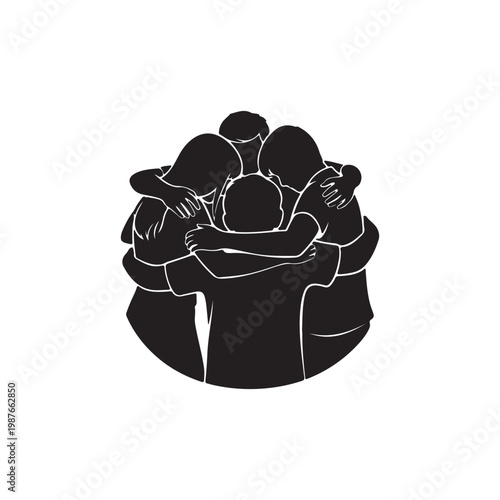 A group of people embracing in a tight circle symbolizing unity and connection on transparent background