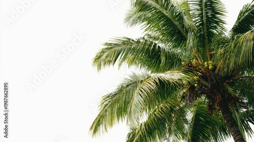 A coconut tree with bright green fronds and a white backdrop, captured in a moment of stillness, offering a peaceful and refreshing tropical scene
