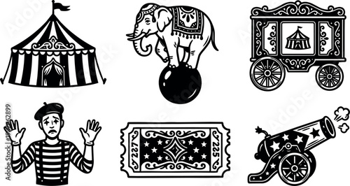 Black and white vintage circus elements with clown elephant ticket cannon