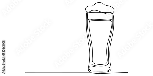 A minimalist single continuous line drawing of a tall glass filled with beer and frothy foam top