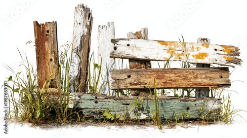 A collection of decayed wooden signs, each with unique cracks and peeling paint, resting among blades of grass on a white background