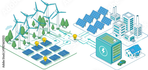 Renewable energy infrastructure isometric vector set featuring wind farm, solar array, smart city buildings, electric vehicle, and energy storage battery.