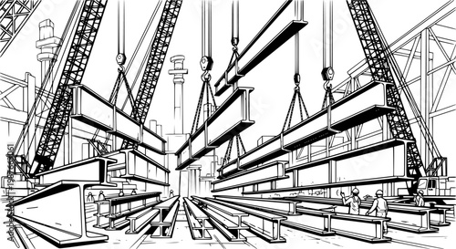 Collection of various steel beams and girders being lifted by cranes and chains, illustrating construction and industrial processes.
