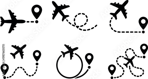 Black and white flight path icons with airplanes and location pins