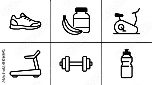 Black and white line art sports shoe supplement banana and gym equipment icons