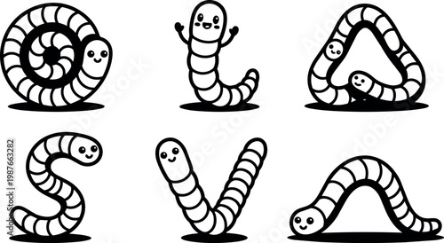 Cute cartoon worms forming letters o l a s v and w black and white line art
