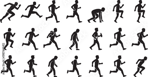 Dynamic Running & Sprinting Silhouette Icon Sheet – 18 Athletic Poses.
