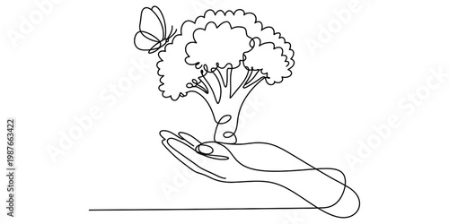 A single continuous line drawing of a hand holding a tree with a butterfly resting on the leaves