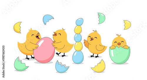 A cheerful easter message is portrayed with cartoon chicks around a pink egg and an eggshell tower against a white background, illustrated in a flat lay style with a joyful easter