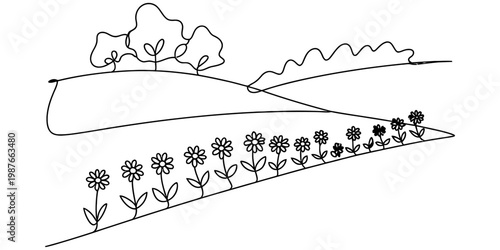 A simple black and white line drawing depicting a peaceful countryside landscape with flowers.