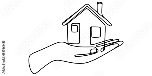 A single continuous line drawing of a human hand gently holding a simple house with a chimney.