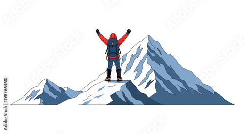 Mountaineer Celebrating Success at the Top of a Snowy Peak Vector