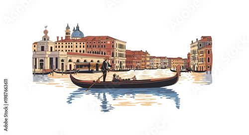 Venice Italy Gondola Ride on Grand Canal Vector Illustration
