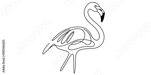 Minimalist continuous line art illustration of a graceful flamingo standing in side profile view