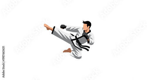 Martial Artist in White Uniform Performing Flying Kick Vector