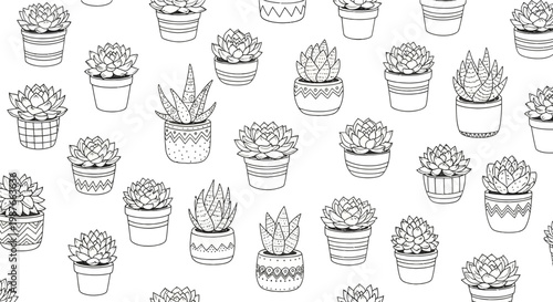 Seamless black and white succulent plant line art vector pattern