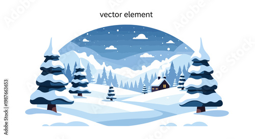 Cozy cabin in snowy mountain forest winter vector illustration