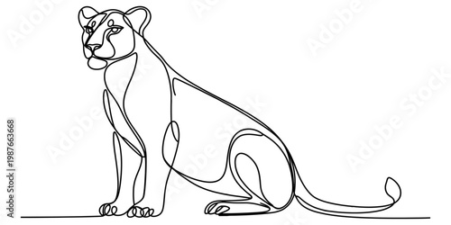 A minimalist single line drawing of a majestic lioness sitting calmly against a plain background