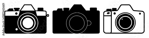 Camera icon set with solid black design against white background featuring photography, camera, icon with minimalistic and vector style
