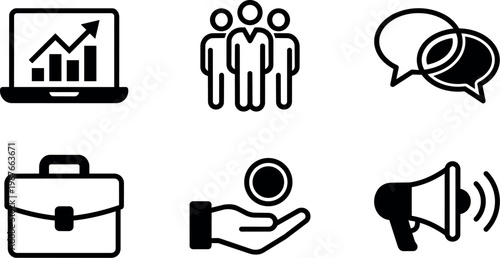 Black and white business icons including laptop chart briefcase people hand coin and megaphone