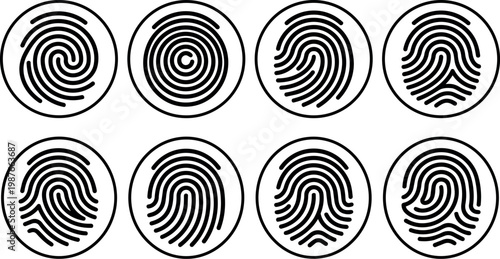 Set of eight different black fingerprint round vector icons
