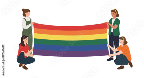 Diverse Women Holding a Large Rainbow Pride Flag Vector Illustration