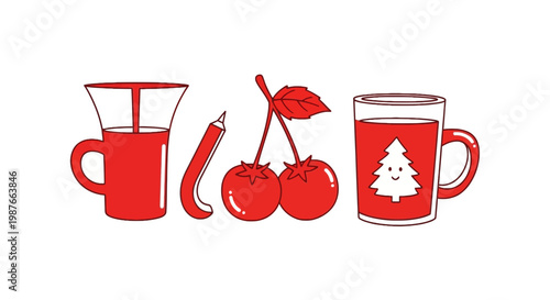 Red Drink Icons and Cherry Illustration Vector Set