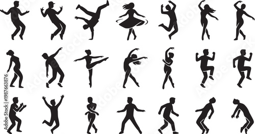 Expressive Dancing & Rhythmic Silhouette Icon Sheet – 18 Artistic Poses.