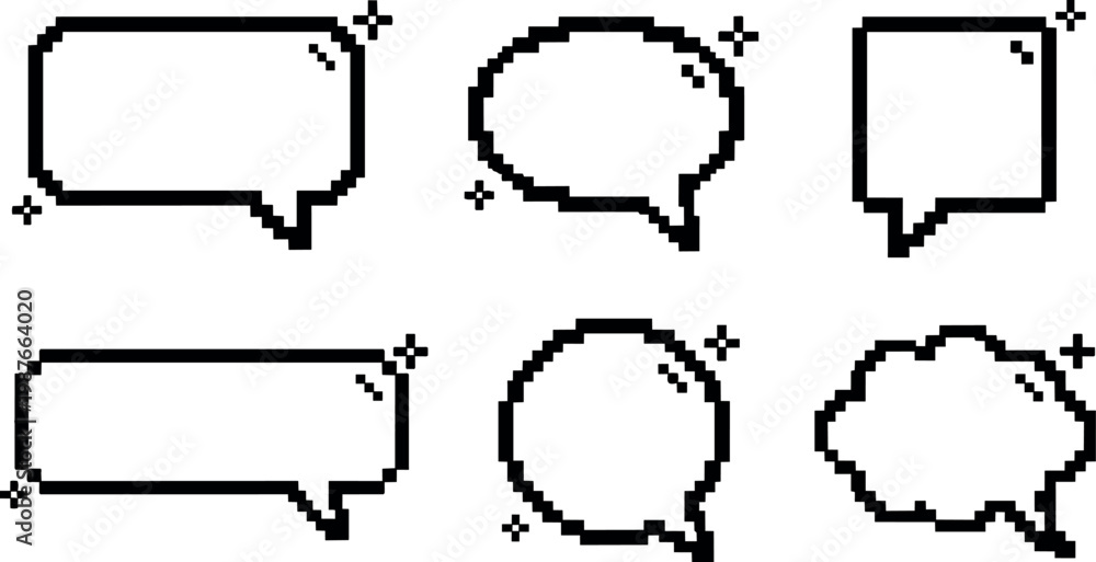 Obraz premium Pixel art six black speech bubbles with sparkle highlights vector line art