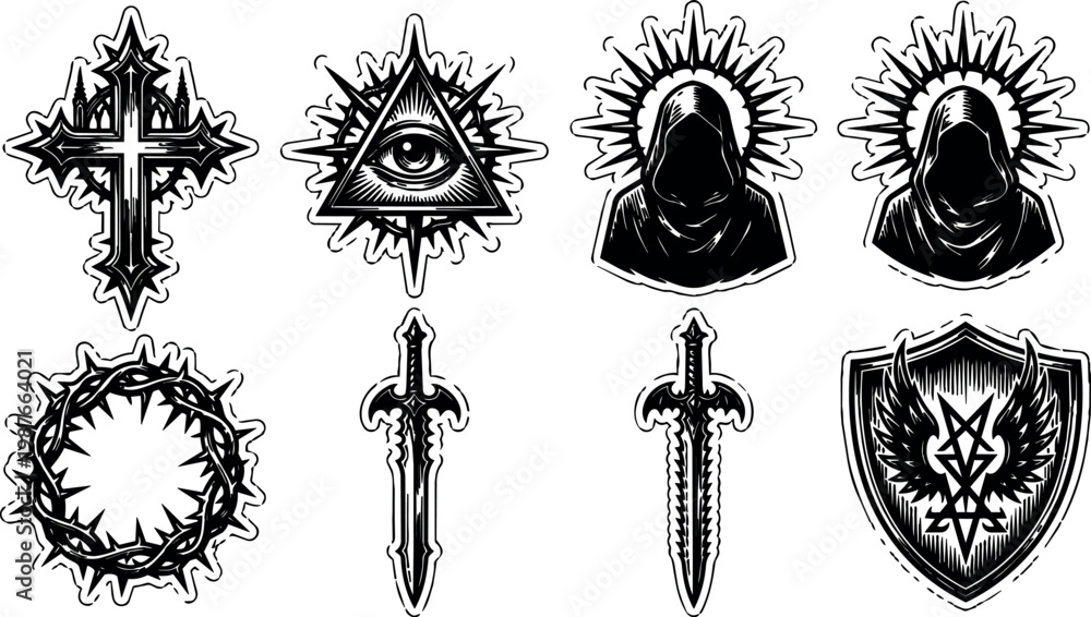 Fototapeta premium Black and white gothic cross eye hooded figure sword and shield vector art
