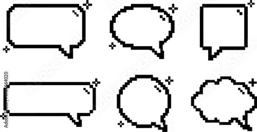 Pixel art six black speech bubbles with sparkle highlights vector line art