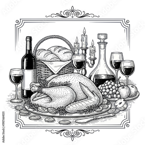Elegant Thanksgiving Dinner Illustration: Roasted Turkey, Wine, Grapes, and Candles