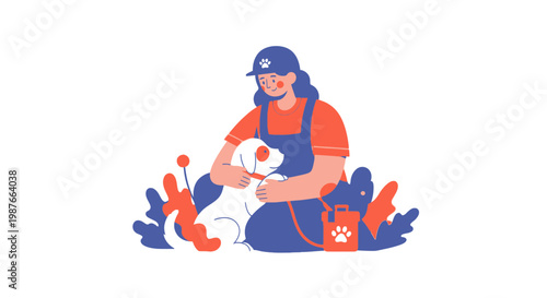 Pet Sitter Hugging a Small White Dog Vector Illustration