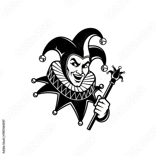 Jester holding a scepter, cartoon character, black and white illustration