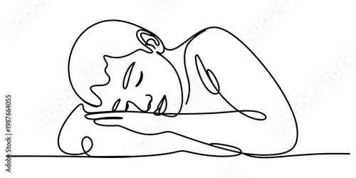 A continuous line drawing of a peaceful young person sleeping quietly with their head on a desk.