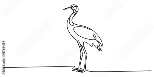 Minimalist continuous line art illustration of a graceful crane bird standing on a level ground