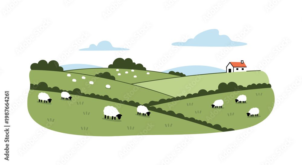 Naklejka premium Rural countryside illustration with grazing sheep and green hills