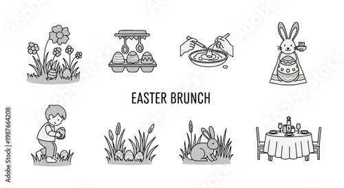 Easter Brunch Illustration Set with Bunny Eggs and Dining Icons