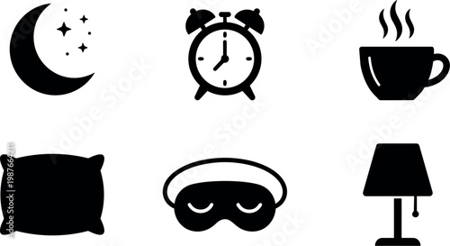 Black and white sleep icons with moon stars alarm clock coffee cup pillow mask and lamp