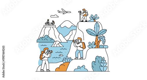 Travelers and Photographers Exploring Mountain Landscape Vector