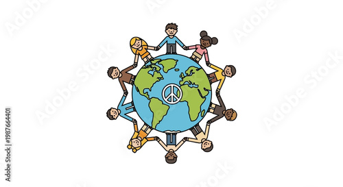 Multicultural children holding hands around the globe with peace sign