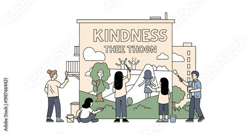 Community group painting mural with kindness message on building wall