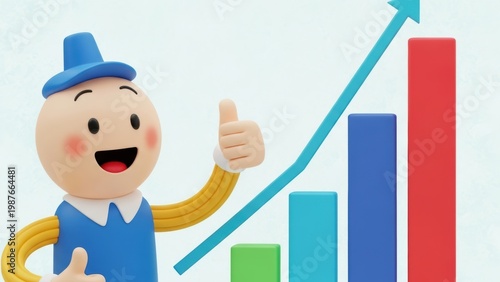 3D cartoon character celebrating growth with a bar chart.