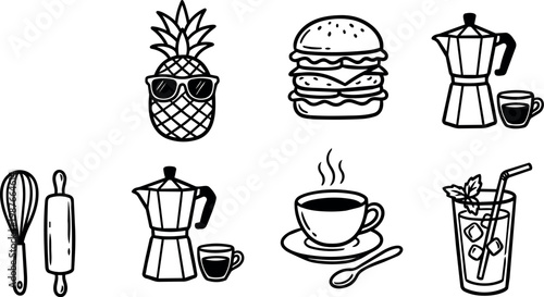 Pineapple with sunglasses hamburger coffee and kitchen utensils