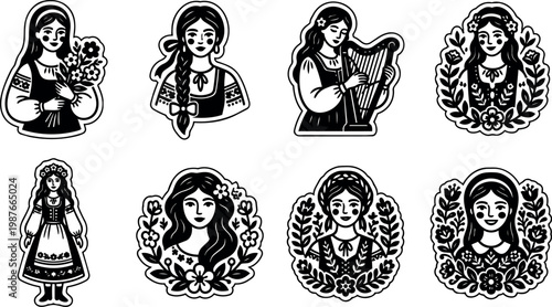 Black and white folk art women holding flowers and harp vector illustration stickers