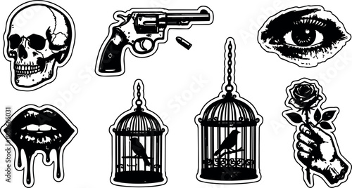 Black and white skull revolver eye lips melting bird cage rose hand vector art