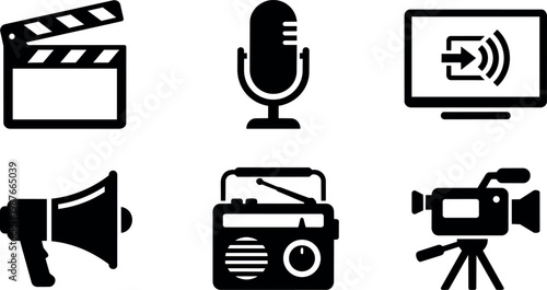 Black media equipment icons microphone clapperboard megaphone radio monitor camera