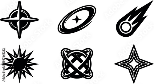 Black and white vector icons of cosmic star sun and comet symbols