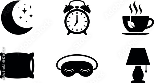 Black and white crescent moon stars alarm clock tea cup pillow sleep mask and lamp icons vector art