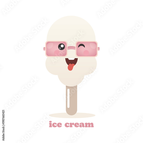 A playful cartoon illustration of a cream-colored ice cream on a stick with anthropomorphic features.